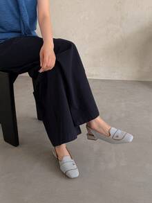 French Vintage Square Toe Slingback Flat Sandals For Women, Contrast Trim Metal Buckle Loafers, Canvas & Leather Commuter Vacation Street Style Versatile Shoes - Blue-gray - View 7