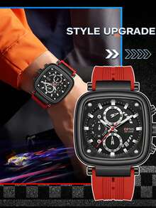OFNS Men's Punk Style Square Large Dial Quartz Watch, Cool Multifunction Chronograph Stopwatch, 5ATM Waterproof, Soft Silicone Strap, Fashion Street Wristwatch - Blue - View 8