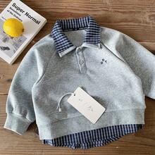 Sweatshirt Kasual Anak Laki-Laki, Gaya Musim Gugur Terbaru, Atasan Kerah Kotak-kotak 2 in 1 untuk Anak, Kemeja Polo Serbaguna, - Grey - View 1