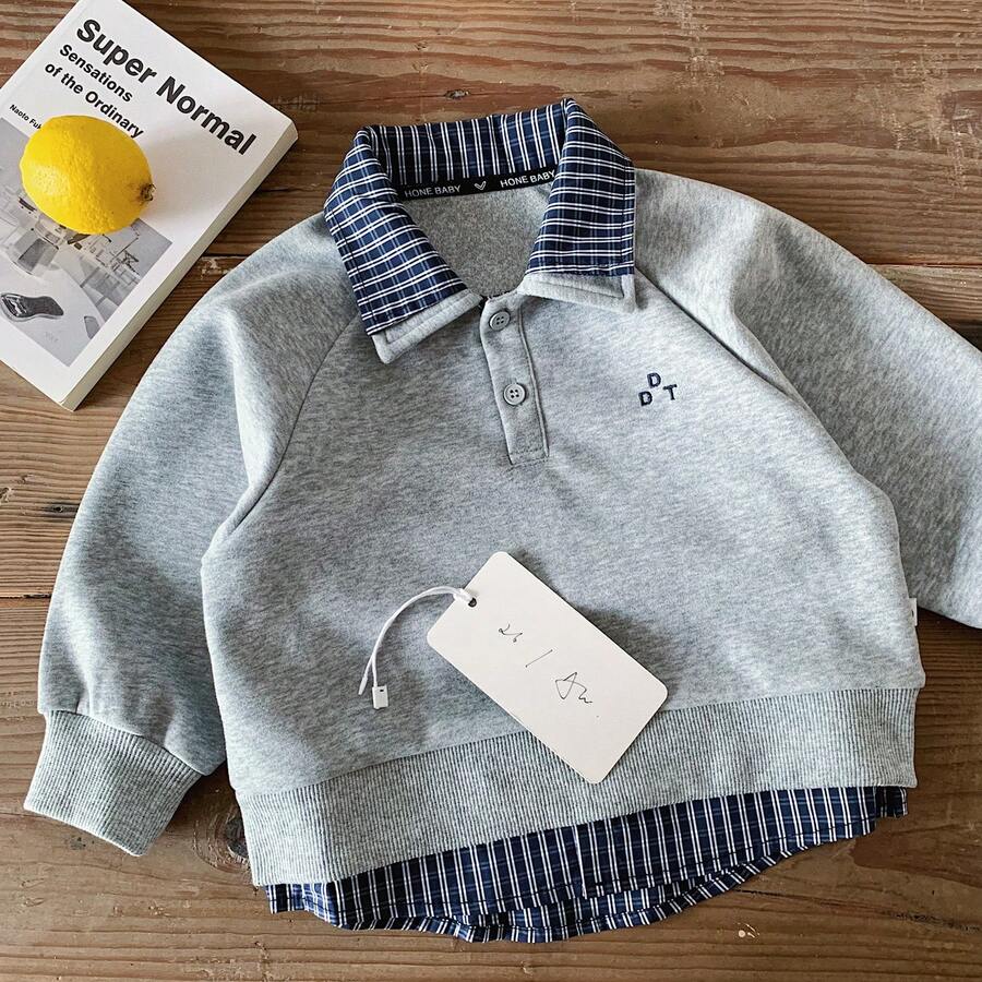 Sweatshirt Kasual Anak Laki-Laki, Gaya Musim Gugur Terbaru, Atasan Kerah Kotak-kotak 2 in 1 untuk Anak, Kemeja Polo Serbaguna, - Grey - View 1