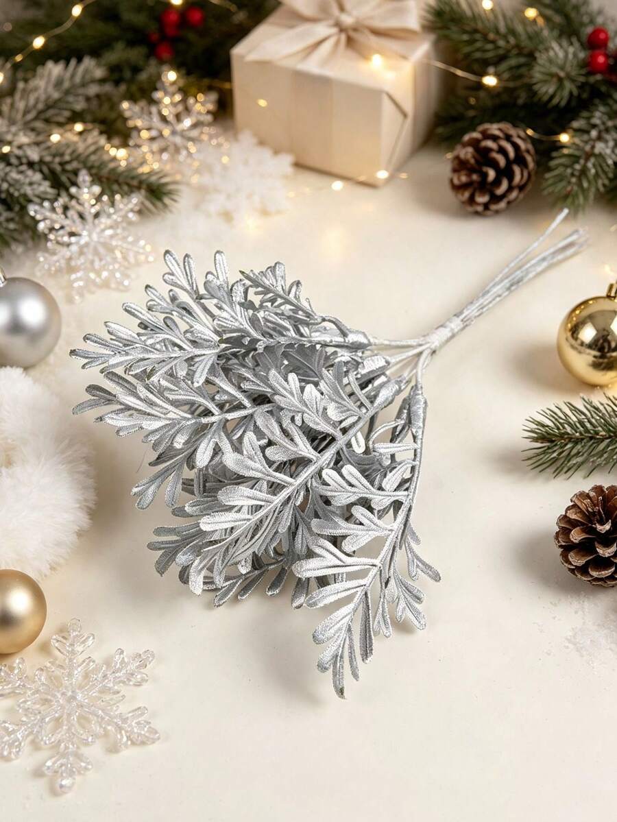 1pc Artificial Small Leaf Plant, Suitable For Autumn, Halloween, Christmas Decoration, Wedding Decoration, Home Decor, Party Accessories - Silver - View 1