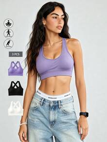 Runway Rest 3pcs/Set Women Criss-Cross Strap Sports Bras, Backless Yoga Fitness Workout Tank Tops Bustier Bras - Multicolor - View 1