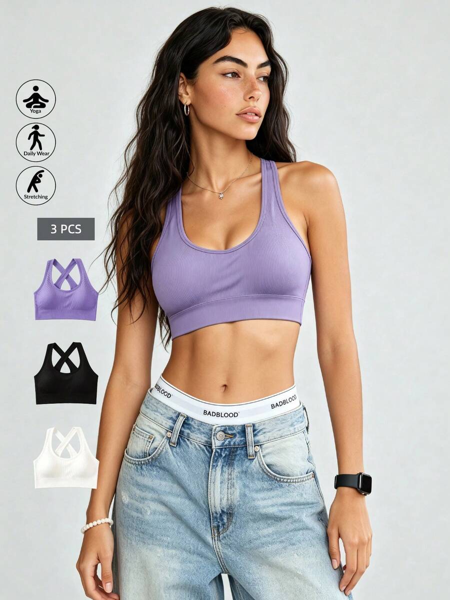 Runway Rest 3pcs/Set Women Criss-Cross Strap Sports Bras, Backless Yoga Fitness Workout Tank Tops Bustier Bras - Multicolor - View 1