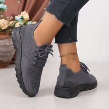 All-Season Women's Mesh Sneakers With Tight Weave, Breathable Lace-Up Thick Sole Height-Increasing Casual Shoes For Daily Wear And Pants Matching - Grey - View 6