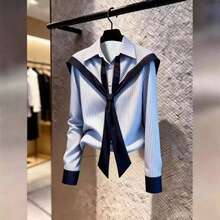 Women Striped Lapel Long Sleeve Shirt, Casual Office Blouse - Blue - View 1