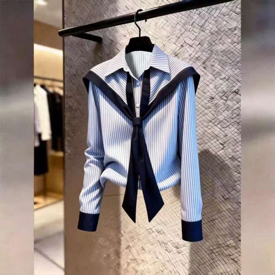 Women Striped Lapel Long Sleeve Shirt, Casual Office Blouse - Blue - View 1