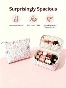 1 pieza Bolsa de maquillaje con estampado de gato lindo de gran capacidad, bolsa de cosméticos con apertura de cremallera, bolsa de almacenamiento de artículos de tocador portátil para viajes para mujeres y niñas, el mejor regalo para novia y madre - Multicolor - Ver 4