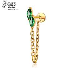 1PC G23 Titanium Internally Threaded Labret Stud Emerald Green Chain Cartilage Stud Earrings Cluster Flat Earring Piercing Jewelry Women New - Green - View 11