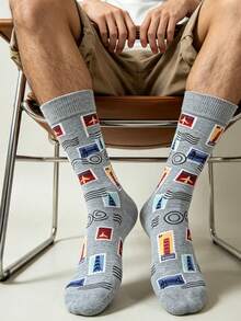 1/3/6 Pairs Men's Vintage Travel Stamp Pattern Crew Socks,Soft Breathable Novelty Airplane Landmark Postage Dress Socks,For Daily Wear&Back‑To‑School - Multicolor - View 6