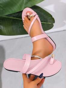 planare Sandalias planas de mujer de moda casual de verano con punta redonda y decoración dorada, sandalias elegantes de mujer, sandalias de playa, zapatos planos de mujer, pantuflas, sandalias rosas de mujer - Rosa - Ver 2