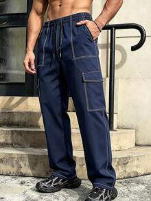 Men's Navy Blue Cargo Pants, Drawstring Waist With Contrast Stitching, Side Pockets, Straight Leg Fit, Casual Sports Outdoor Trousers - Navy Blue - View 2