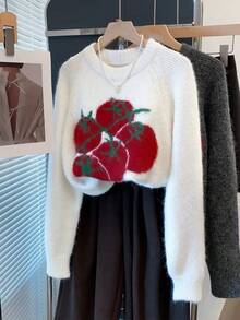 Women's Casual Loose Round Neck Raglan Sleeve Long Sleeve Pullover Knit Top, Casual Autumn/Winter Y2K Knit Sweater - White - View 1
