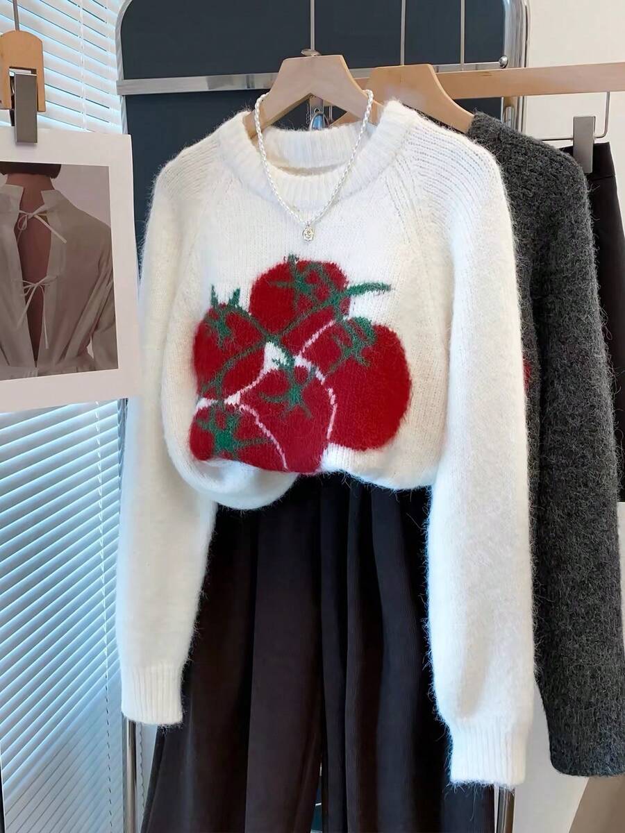 Women's Casual Loose Round Neck Raglan Sleeve Long Sleeve Pullover Knit Top, Casual Autumn/Winter Y2K Knit Sweater - White - View 1