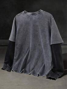 Men's Washed Faux Double Layer Long Sleeve T-Shirt, Contrast Dual Color Crew Neck Loose Fit Vintage Street Style Basic Tee - Grey - View 2