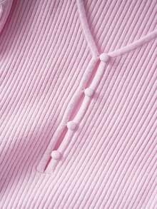 Women's Autumn/Winter Halloween & Christmas V-Neck Long Sleeve Midi Dress, Ribbed Knit Slim Fit Puff Sleeve Flared Hem, Back-To-School & Party Dress - Baby Pink - View 9
