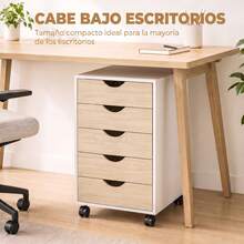 HOMCOM Cajonera Escritorio con Ruedas, Cajonera Oficina con 5 Cajones, Archivador Móvil, para Estudio, Salón, 40x40x67 cm, Blanco y Natural - Blanco y Natural - Ver 5