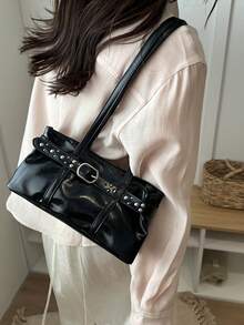 Fashion Solid Color PU Shoulder Bag, Strap Decor, Suitable For Women Shopping, Dating, Gift And Daily Use - Black - View 4