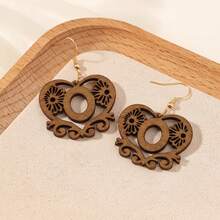 Women's Personalized Initial Wooden Earrings, Hollow Heart Daisy Flower Pattern 26 Letter Dangle Earrings - Brown - View 20