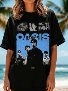Oversized T-Shirt With Band Photo Collage Print, Comfortable Fabric For Concerts, Festivals, And Meetups - 黑色 - 查看 1
