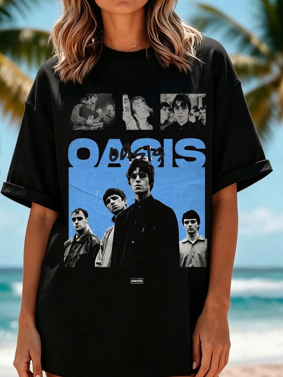 Oversized T-Shirt With Band Photo Collage Print, Comfortable Fabric For Concerts, Festivals, And Meetups - 黑色 - 查看 1