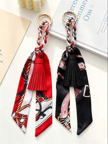 1pc French Style Tassel Scarf Keychain, Luxury Fashion Ribbon Bow Bag Charm, Scarf Tassel Pendant Key Ring, Car Key Decorative Hanging Ornament - Multicolor - View 23