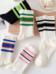 5 Pairs Mixed Color Striped Outdoor Sports Socks, Breathable Mid-Calf Socks, Women's Multi-Purpose Opaque Socks - Multicolor - View 2