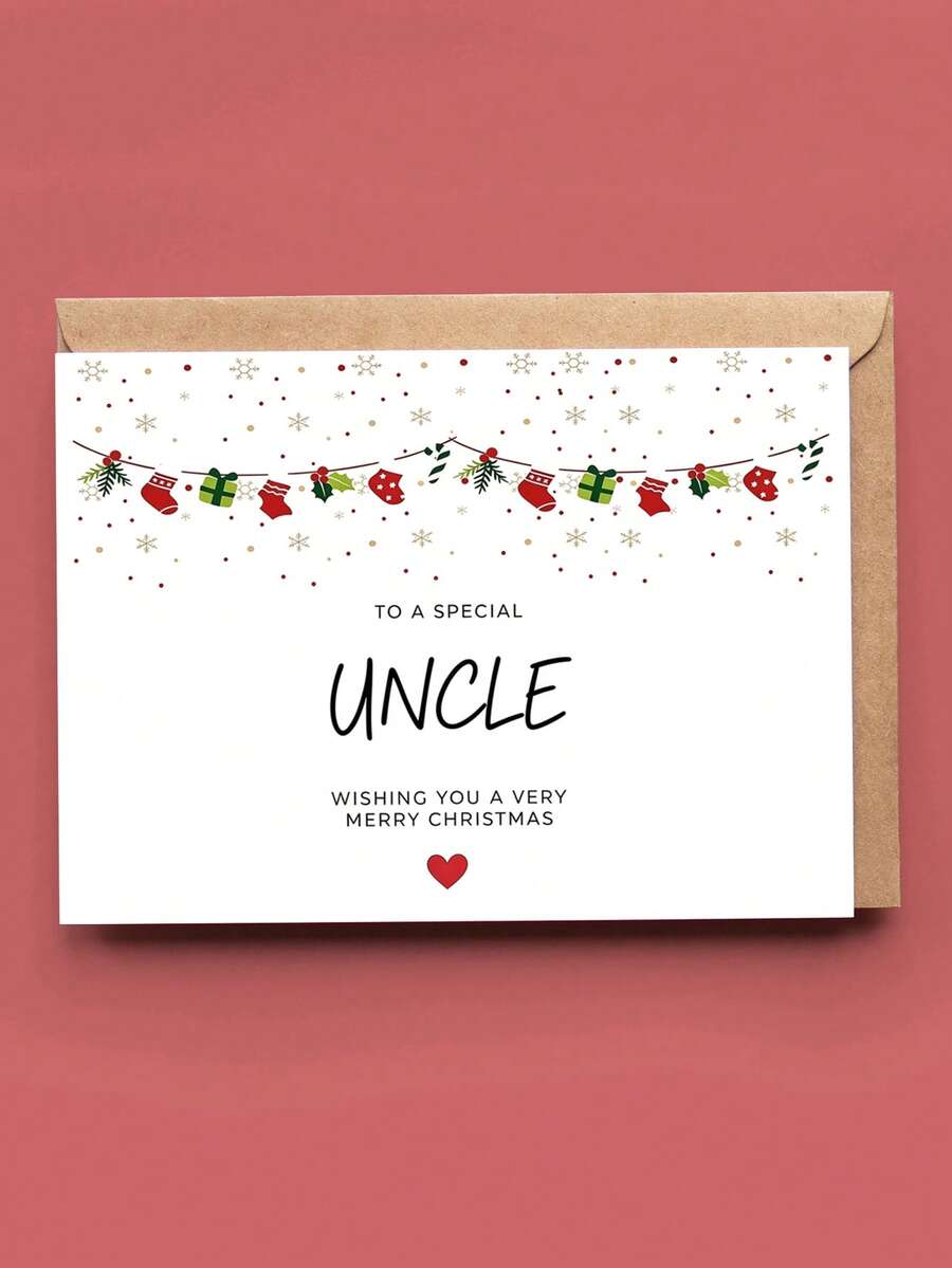 1 pieza Tarjeta de Navidad de Tío Cariñoso con Sobre, Guirnalda de Calcetines Impresa & Arte Festivo de Copos de Nieve, "Para un Tío Especial", Saludo Navideño para Familiares, Intercambio de Regalos de Vacaciones, Interior en Blanco - A - Ver 1