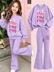 Teen Girls Casual Bow & Letter Print Crew Neck Sweatshirt + Flare Leggings 2pcs Set, Autumn/Winter Outfit, Homecoming Look - Mauve Purple - View 1
