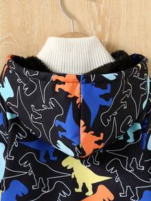 Boys' Cartoon Dinosaur Pattern Long Sleeve Hooded Zip-Up Jacket, Fleece Lined, Autumn/Winter Clothing, Essential Item For Autumn - Black - View 6