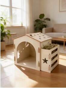 Wooden Rabbit Hideout With Hay Feeder, Star & Moon Hollow Rabbit Shelter, Detachable Guinea Pig Hideout Nest, Small Pet Wooden Habitat Decoration - one-size - View 1