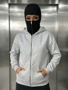 Women's Casual Fleece Balaclava Sweatshirt With Double Hood, Zipper Pockets, Loose Fit, Warm, Grey, Suitable For Autumn/Winter Daily Wear - Light Gray + Black Cap - View 4