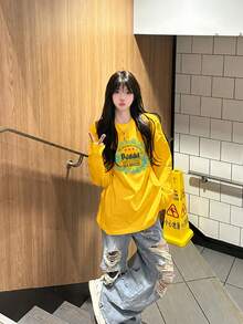 Women's American Style Letter Print Long Sleeve T-Shirt, Autumn New Loose Fit Versatile Slouchy Base Layer Top - Yellow - View 3
