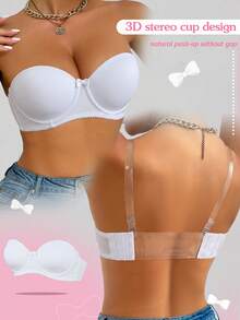 Women's Bandeau Push-Up Bra, Comfortable Breathable Detachable Transparent Shoulder Straps, Underwire Support, Cute Bow Decor - White - View 5