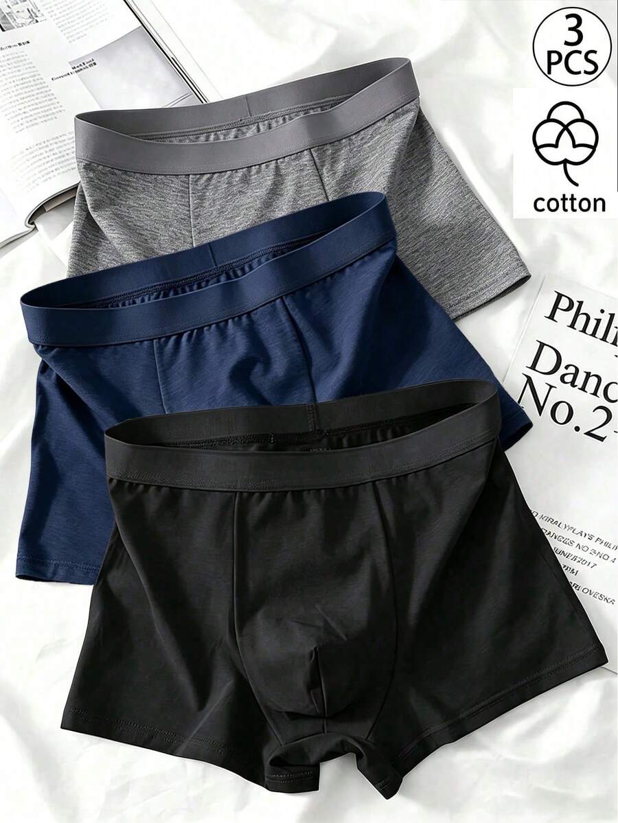 3pcs/Pack Men's Mid-Stretch Solid Color Knitted Fabric Breathable Comfortable Casual Boxer Briefs