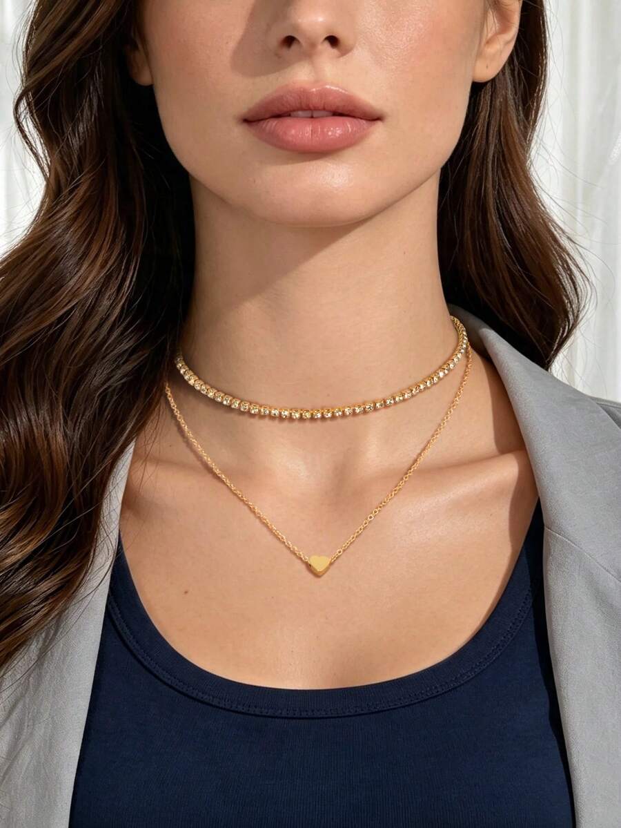 Set Kalung Choker Liontin Hati Berlapis Elegan 2 Buah, Perhiasan Minimalis untuk Pemakaian Sehari-hari, Cocok untuk Gaya Chic, Hadiah untuk Sahabat Terbaik - Emas - View 1