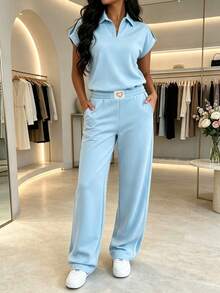 Damen Frühling/Herbst Lässig 2 Stücke Set, einfarbiges Kurzarm-Top mit Herz-Marken-Muster und lange Hose, Frühlingsferien Outfit - Himmelblau - Übersicht 2