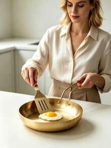 Golden Stainless Steel Frying Pan, Non‑Stick Skillet With Long Wire Hollow Handle,Easy To Clean, Multi‑Purpose Egg & Steak Frying Pan, Kitchen Cookware,Urable Kitchen Cooking Pan For Gas & Electric Stove - View 5