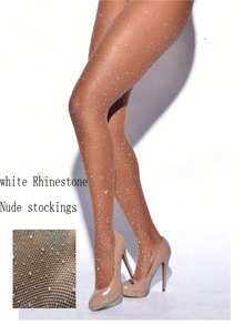 2 Pairs Plus Size Women's Popular Rhinestone Apricot Mesh Fishnet Tights, High Elasticity Small Mesh Leggings, Glitter Nightclub Party Gothic Style Fashion Versatile - Apricot - View 5
