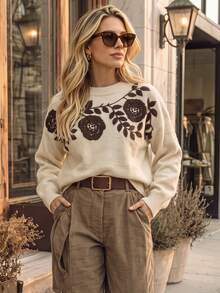 NiceArt Women's Autumn/Winter Vintage Embroidered Floral Knit Pullover Sweater, Suitable For Autumn Outfits, Social Events, Renaissance Style, Halloween - Apricot - View 9
