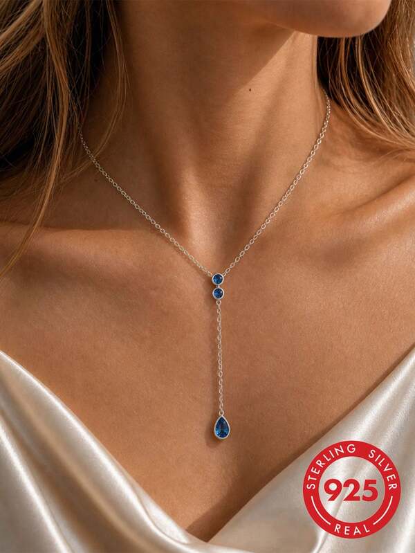 1pc S925 Sterling Silver Y-Shaped Water Drop Pendant Collarbone Necklace, Women's Lightweight Luxury Minimalist Design Neck Chain, Elegant Elegant Niche Necklace, Commute Outfit Exquisite Accessory, Gift For Girlfriend, Best Friend, Holiday, Birthday