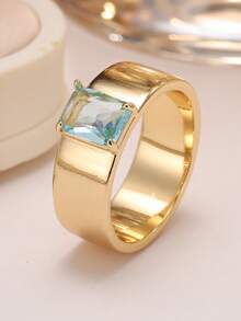 1 Buah Cincin Wanita Warna Emas Pita Lebar Persegi dengan Batu Zirkonia Kubik Biru Muda, Perhiasan Jari Minimalis Tebal Warna Tembaga, Hadiah Perhiasan Jari - cincin geometris - View 8