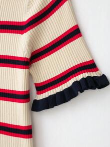 CAREE Women's Spring/Summer White Red Navy Blue Horizontal Striped Peter Pan Collar Ruffle Short Sleeve Cropped Knit Cardigan - Multicolor - View 5