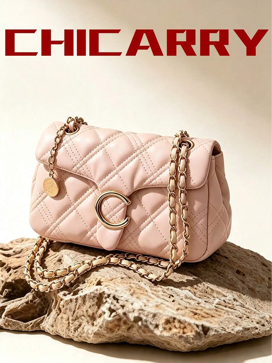 Women's Elegant Pink Chain Quilted Diamond Grid Square Bag, Suitable For College Students, Commuting, Outdoor Travel, Shoulder Bag, Minimalist Versatile, Perfect For Shopping, Dating, Work