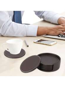 6pcs Round Leather Coasters, 4 Inch, Handmade Premium PU Leather, Non-Slip Design, Suitable For Home Decor And Kitchen Use, Housewarming Gift - Multicolor - View 8