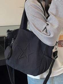 星星壓紋工藝結合柔軟包身質感，休閒風手提斜挎托特包，女款日常出行包，雙手提帶搭配可調節斜挎肩帶多用途托特包 - 黑色 - 查看 6