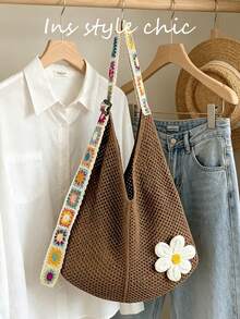 Crochet Flower Decorated Colorful Square Crochet Strap Knit Shoulder Bag Open Closure Spacious Convenient Access Suitable For Travel Vacation Outing Commuting Shopping - Coffee - View 5