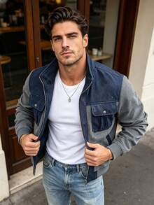 Men's Autumn/Winter Fashion Casual Minimalist Versatile Corduroy Fabric Patchwork Contrast Color Jacket - Grey - View 3