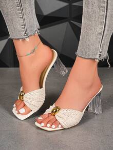 Beige Summer New Women's Fashion Square Toe Buckle High Heel Sandals Suitable For Party, Date, Shopping, Office, Casual - Beige - View 4