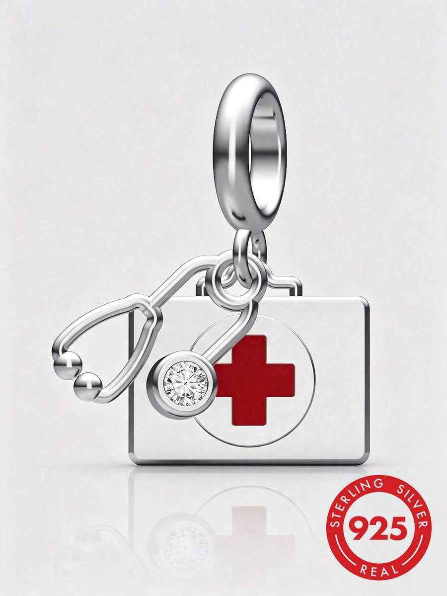 1 pieza Colgante de estetoscopio de plata de ley S925 con kit de primeros auxilios, cruz roja de resina roja con circonita incrustada, tema médico, dije de cuenta de plata perforada para pulsera DIY - Plateado - Ver 1