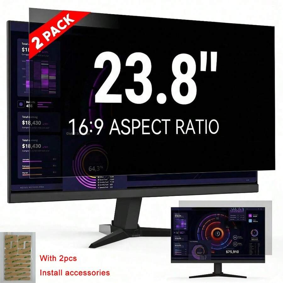 [2pcs] Computer Monitor Privacy Screen, 23.8 Inch 16:9 Aspect Ratio; Anti-Peeping/Anti-Blue Light/Anti-Glare And Eye Protection, 2 Installation Methods Detachable, Suitable For Office, Airport, Cafe And Other Public Places; Diagonal 23.8 Inch, Width 20.74 Inch, Height 11.67 Inch - View 1